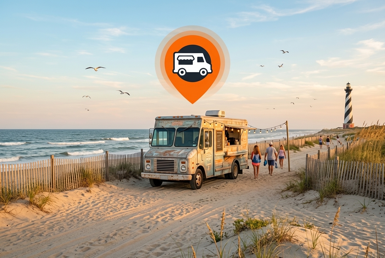 Food truck parked on an Outer Banks beach road at sunset with a TruckTrackr location pin above it and the Hatteras lighthouse in the distance