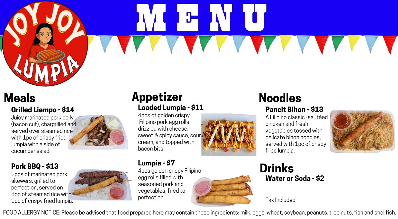 Joy Joy Lumpia menu