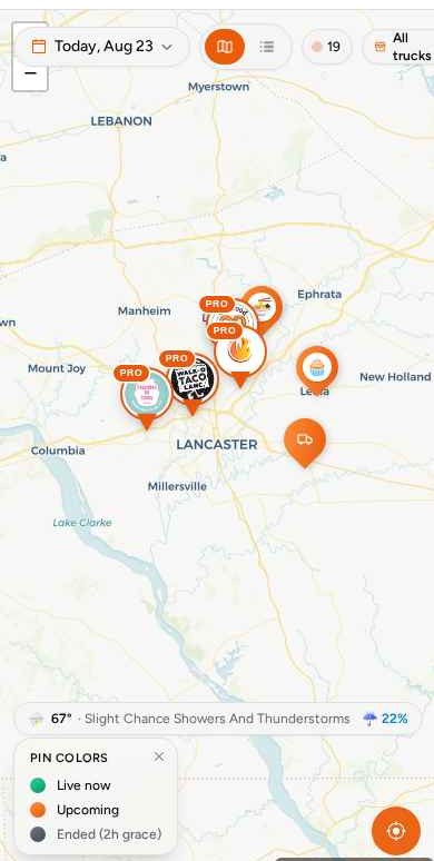 TruckTrackr iPhone app showing the live food truck map